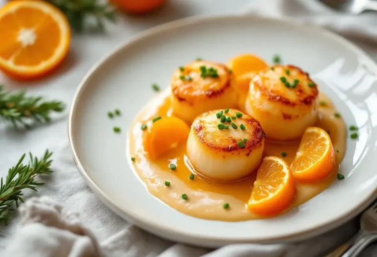 Saint‑Jacques rôties, clémentines caramélisées et sauce aux agrumes : l’entrée de fête légère qui met tout le monde d’accord