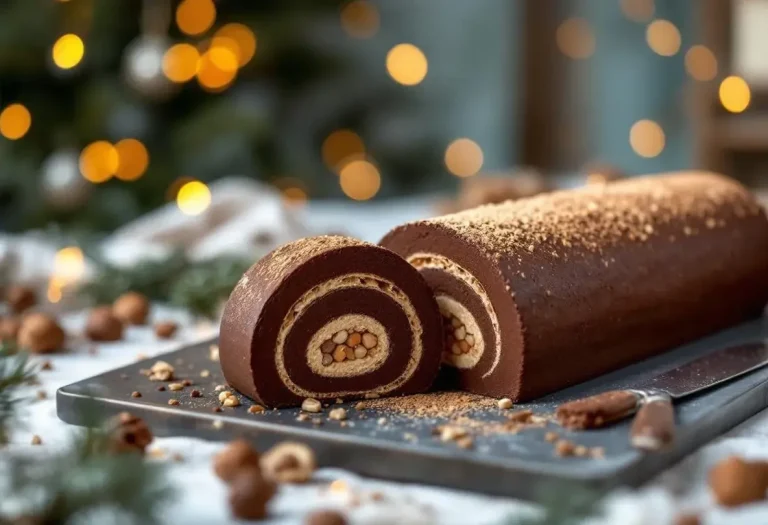 Voici la bûche de Noël à la mousse au chocolat qui cache un croustillant praliné et va faire la différence au réveillon 2025