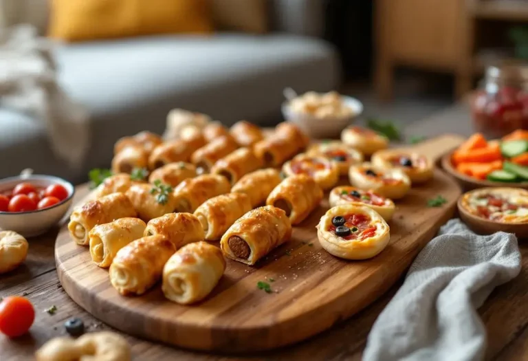 Plateau de feuilletés apéro maison : roulés saucisse, palmiers feuilletés et mini-pizzas gourmandes