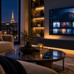 Salon français avec téléviseur connecté et interface de streaming abstraite