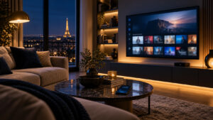 Salon français avec téléviseur connecté et interface de streaming abstraite