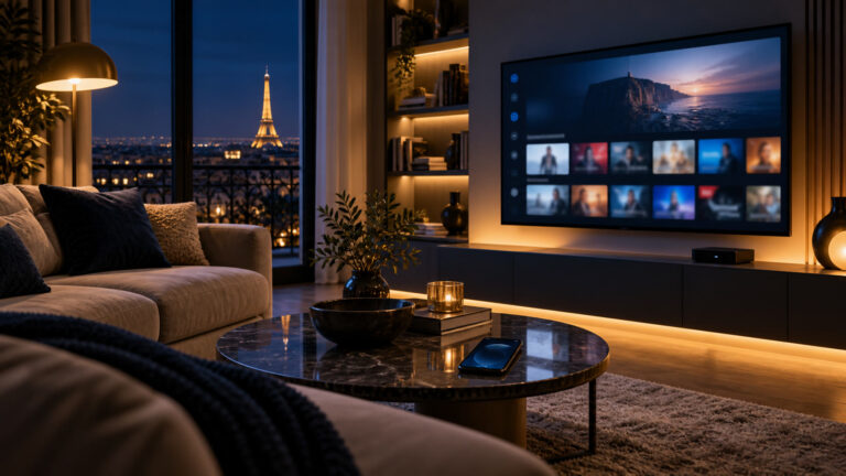 Salon français avec téléviseur connecté et interface de streaming abstraite